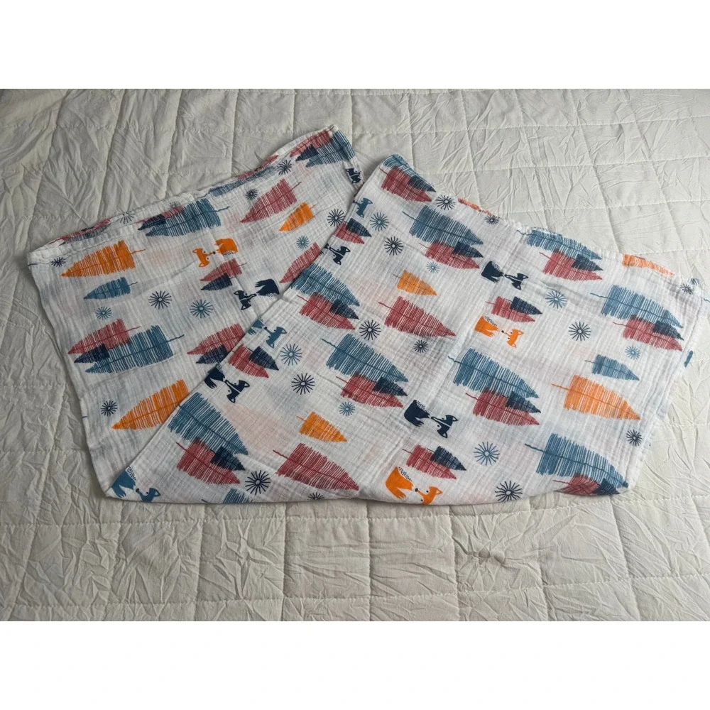 Woodland Fox Cotton Muslin Swaddle Blanket Navy Rust Orange Tree Print 43x41